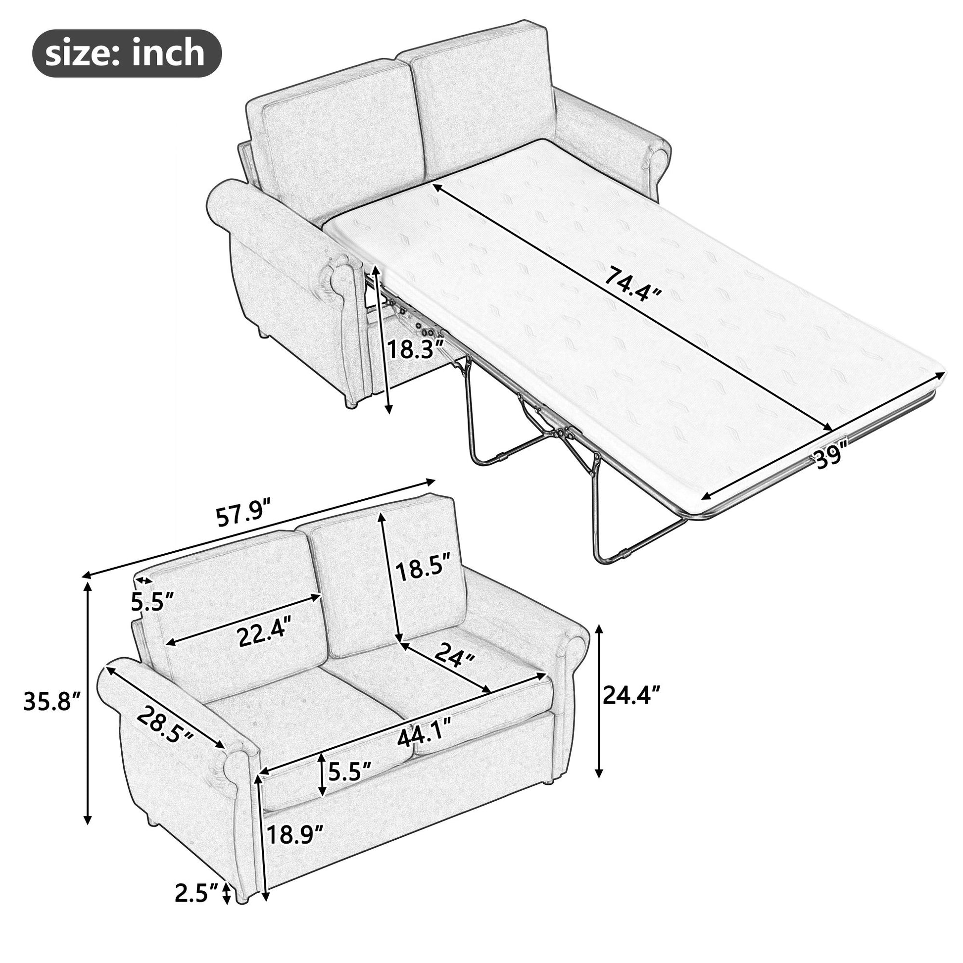 Illustrated dimensions for the Pull Out Sofa Bed Loveseat Sleeper with Twin Size Memory Mattress: sofa width 57.9", height 35.8"; bed extends to 72.8" long, 39" wide. Armrest and seat dimensions included. Two USB ports are available for convenience in living room spaces.