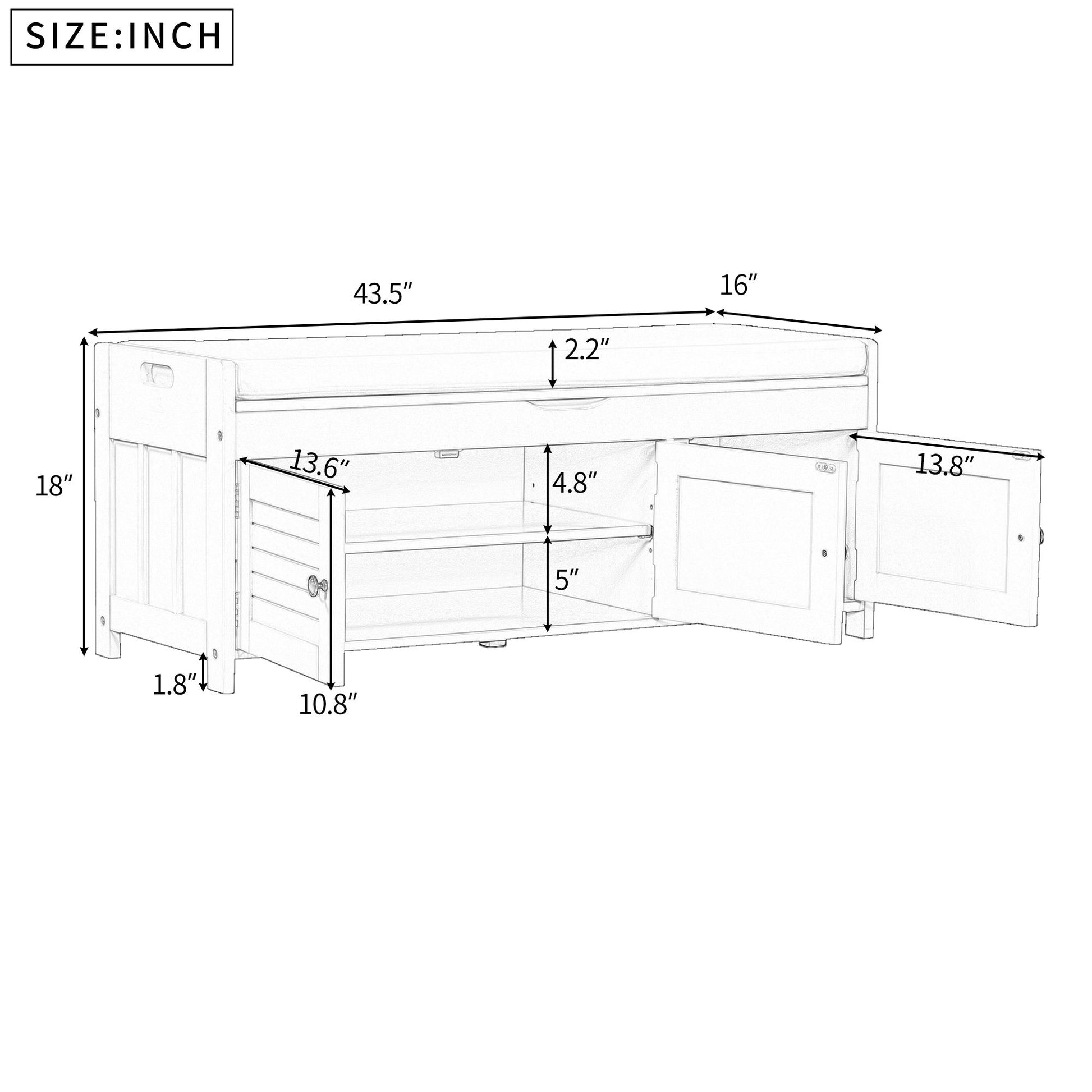 A technical drawing of a Storage Bench with 3 shutter-shaped doors, including measurements in inches. The bench features adjustable shelves, a wide flat top, two closed cabinets, and one side shelf with dimensions: 43.5" width and 18" height.