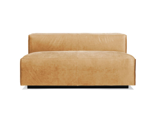 The Cleon Modern Unarmed Sofa is a two-seater in tan with a sleek, modern design. It features smooth upholstery and a back divided into two sections, offering a minimalist and contemporary appearance. The sofa stands on a dark base.