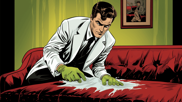 A man in a white suit and green gloves intensely examines a white substance on a red velvet couch. A painting hangs on the green wall behind him.