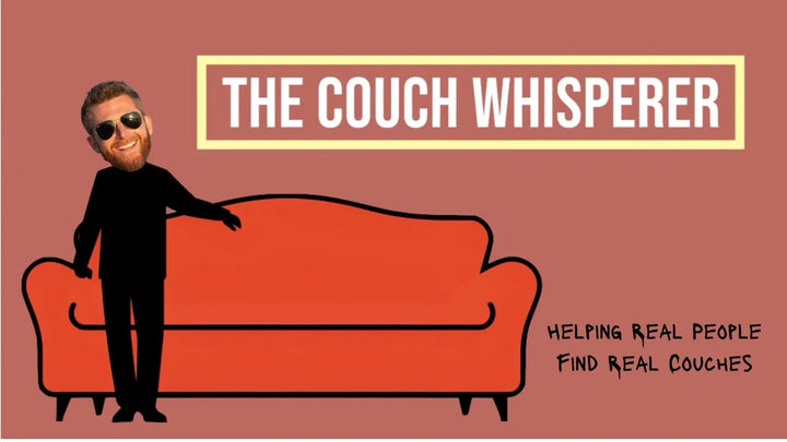 An advertisement titled "The Couch Whisperer" features a silhouette of a person with an added image of a man's smiling face, standing next to an orange couch. The tagline reads, "Helping real people find real couches.