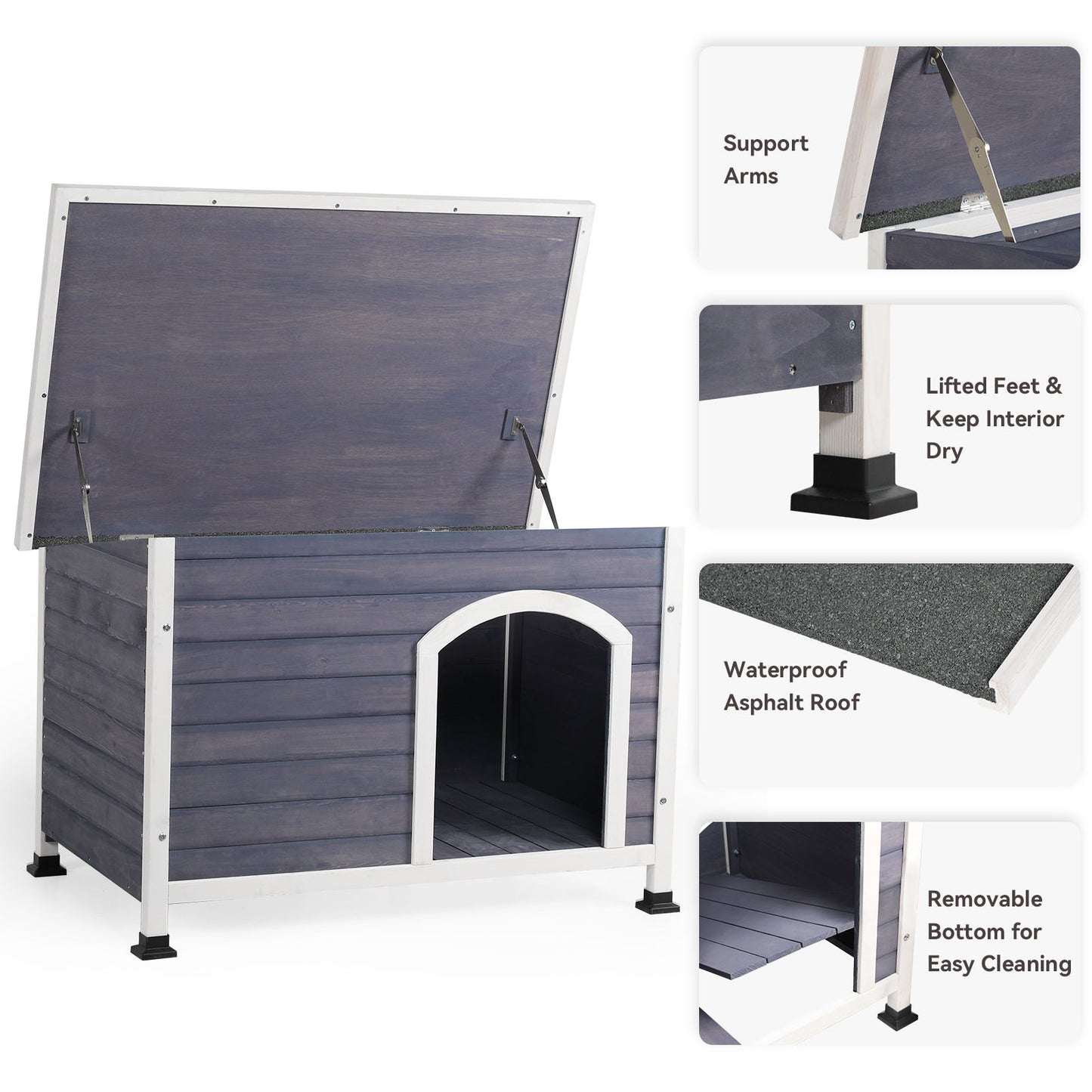 Medium Wooden Outdoor Dog House, Waterproof Roof, Elevated Floor - Gray