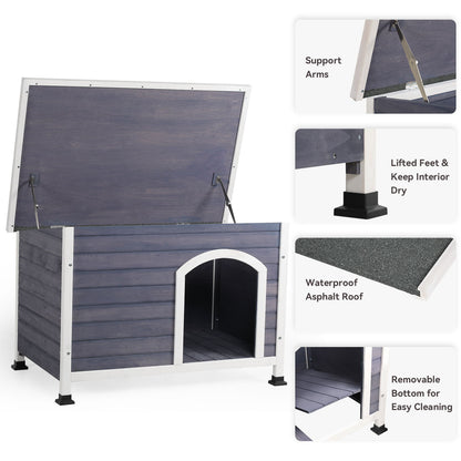 Medium Wooden Outdoor Dog House, Waterproof Roof, Elevated Floor - Gray