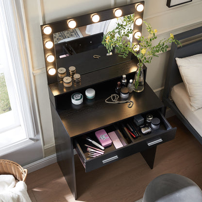 The Vanity Desk With Mirror And Lights, featuring a large drawer and 2-level storage, holds makeup, skincare products, and brushes. Its illuminated mirror offers adjustable brightness with 3 lighting modes. A decorative plant adorns the top while a bed and window sit nearby.