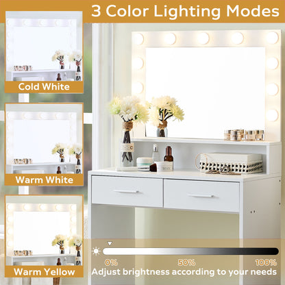 The Vanity Desk With Mirror And Lights features adjustable brightness with Cold White, Warm White, and Warm Yellow modes. It stands on a white table with drawers, adorned with flowers and cosmetics, perfect for any bedroom setup.