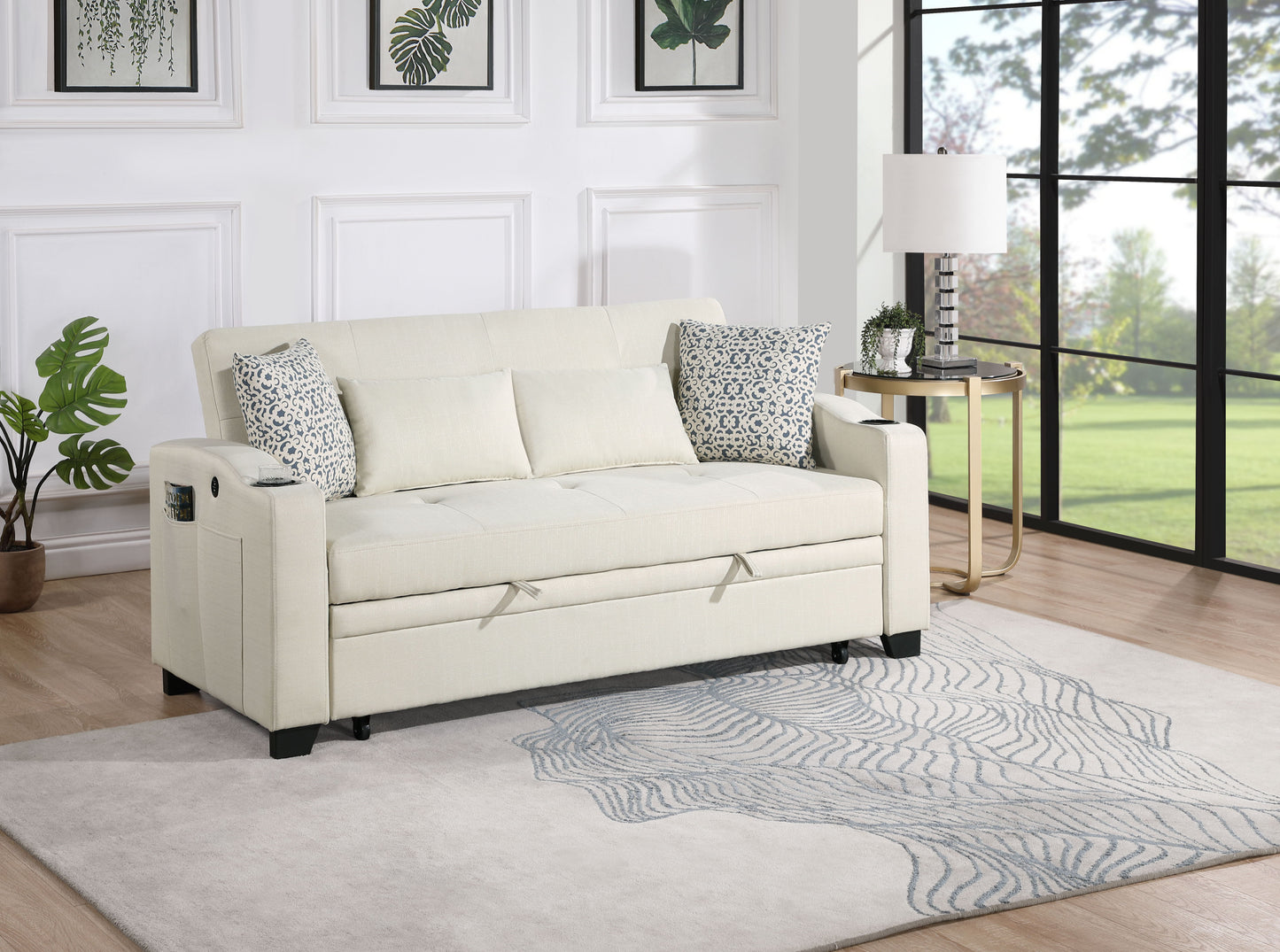 Bennett - 71"W Fabric Convertible Sleeper Loveseat with USB Charger and Cupholders