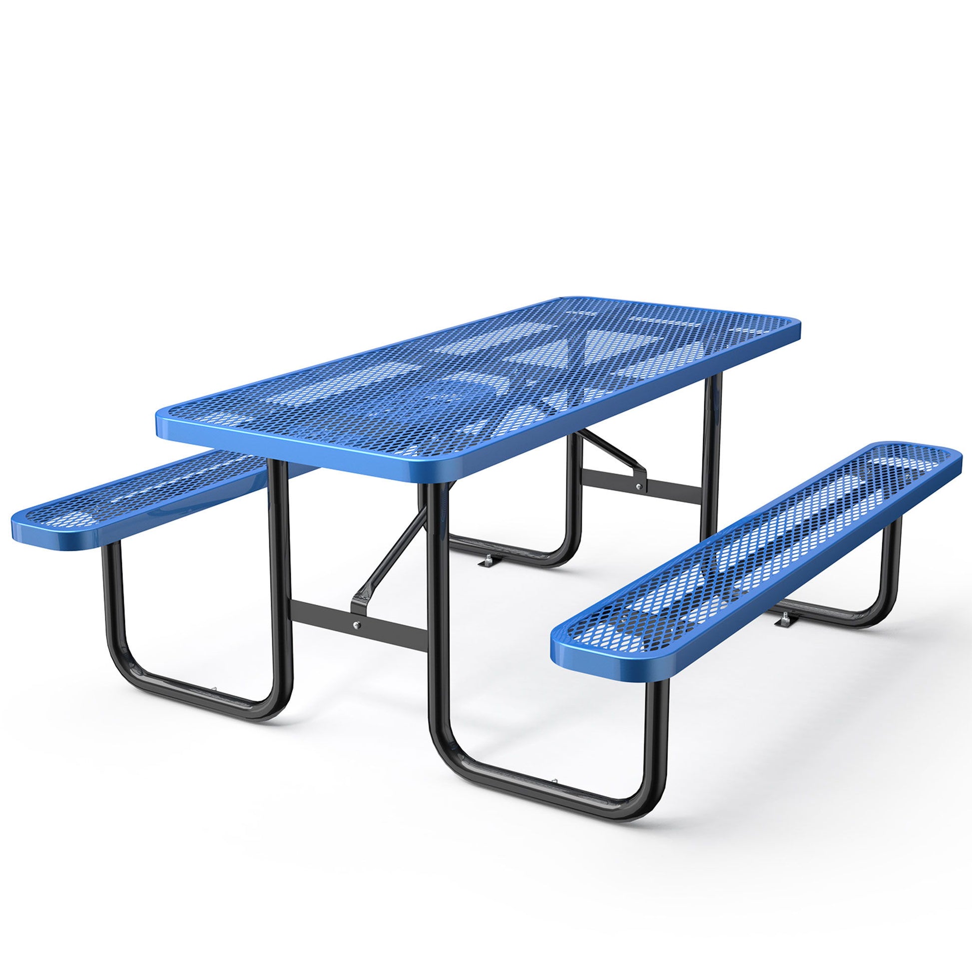 The Expanded Rectangular Picnic Metal Table is blue with a perforated design, has attached benches and sturdy black metal legs, perfect for outdoor use.