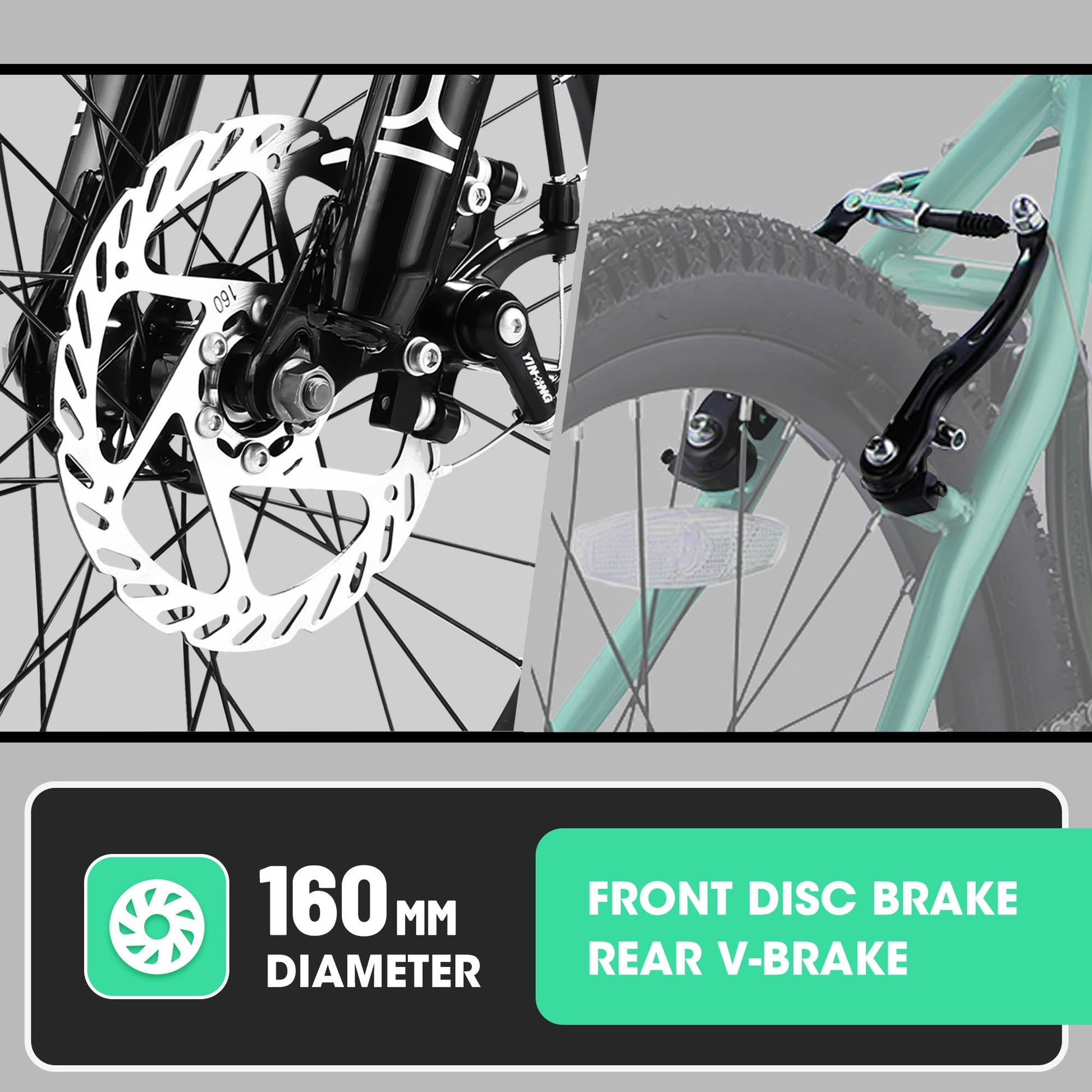 Close-up of the S20101 20" Kids' Bike featuring a black front disc brake with "160 mm diameter" and a green rear V-brake, highlighted by a turquoise and white label reading "Front Disc Brake Rear V-Brake.