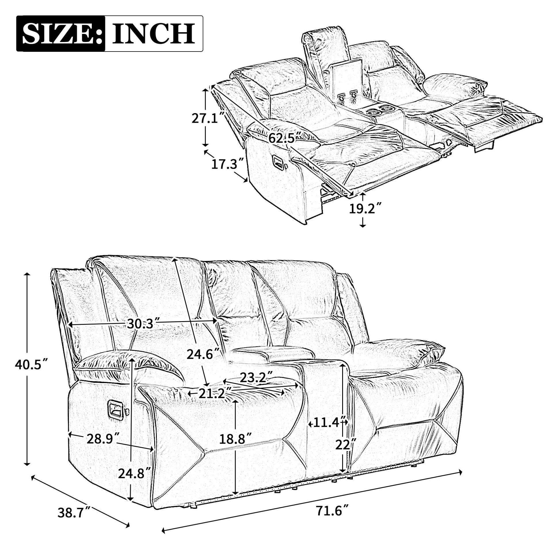 Illustration of the 2 Seater Home Theater Recliner Manual Recliner Chair, featuring center cup holders and an armrest, labeled in inches. Dimensions include seat width, depth, backrest height, and positions: reclined and upright. It includes a storage box with LED light strip for living room use.