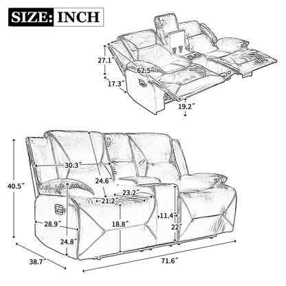 Illustration of the 2 Seater Home Theater Recliner Manual Recliner Chair, featuring center cup holders and an armrest, labeled in inches. Dimensions include seat width, depth, backrest height, and positions: reclined and upright. It includes a storage box with LED light strip for living room use.