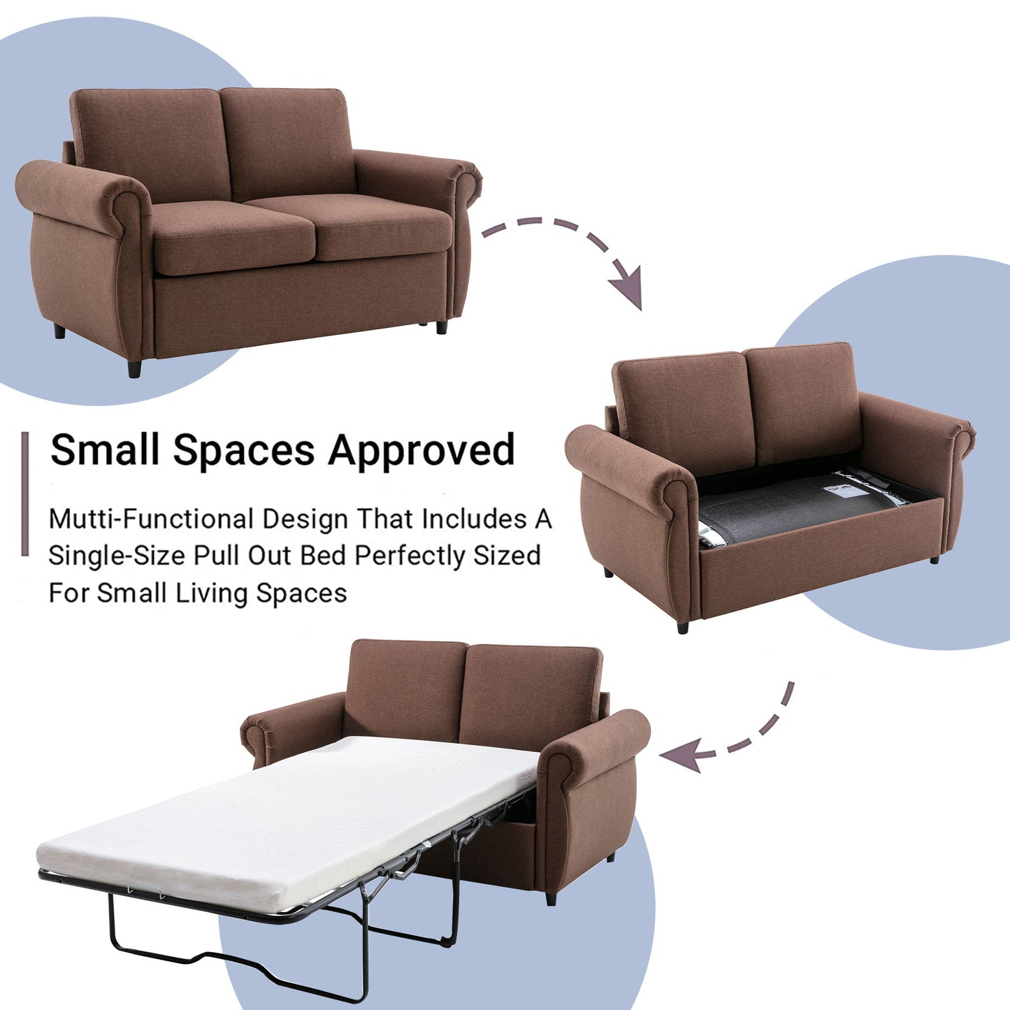 Diagram illustrating a brown Pull Out Sofa Bed Loveseat transforming into a twin-size sleeper. Top left: sofa with cushions. Middle right: bed mechanism revealed by cushion removal. Bottom left: fully extended pull-out bed. Text reads: "Small Spaces Approved.