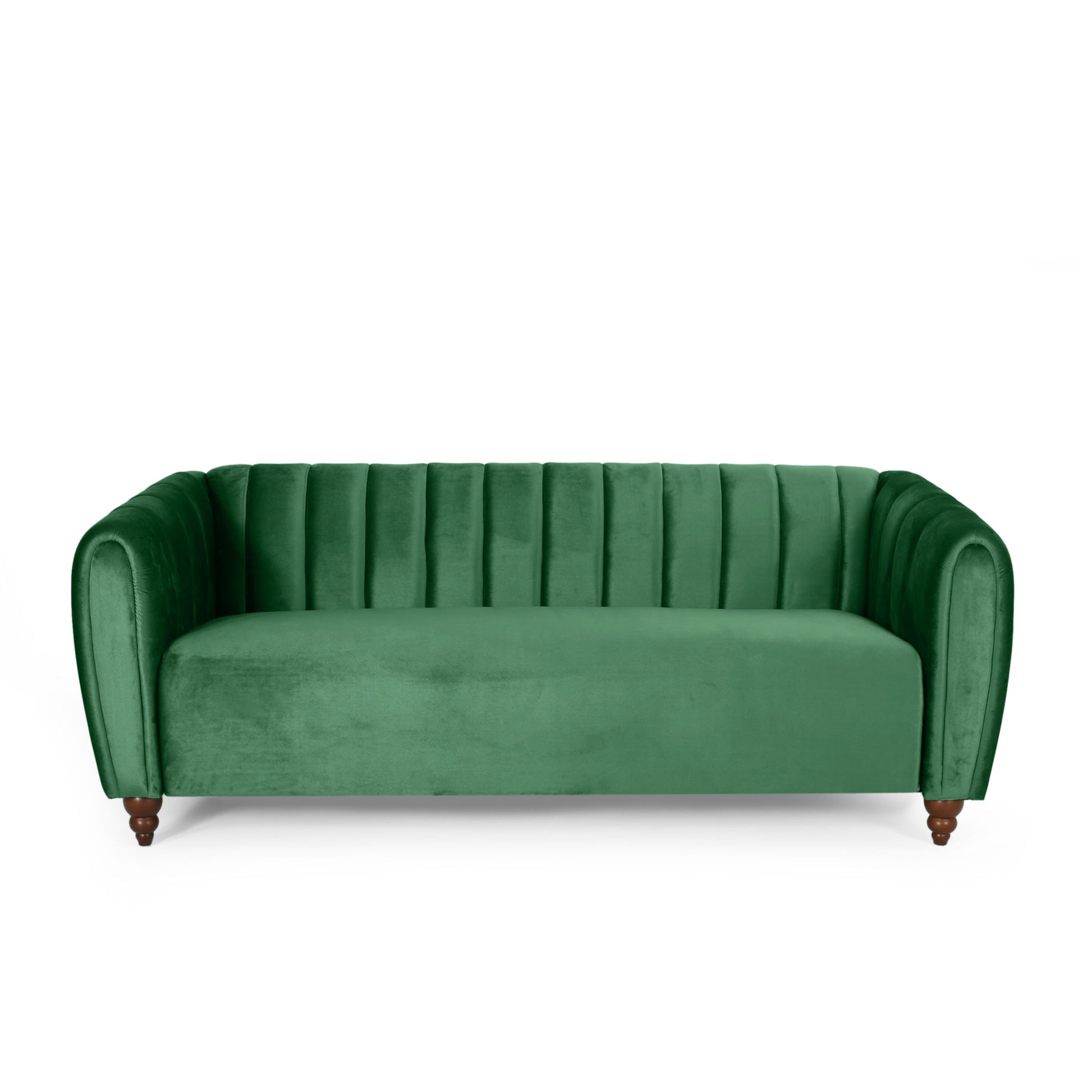 A 3 Seater Sofa with a modern glam design featuring plush emerald green velvet, vertical tufting on the backrest and arms, rounded armrests, and small dark wooden legs. The background is plain white.