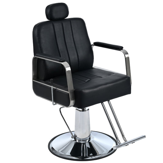 The Premium Reclining Barber Chair features black leather upholstery, a metal frame, reclining backrest, adjustable headrest, and footrest. It includes a heavy-duty hydraulic pump for height adjustment and 360° rotation on a round silver base with a max load of 400 lbs.