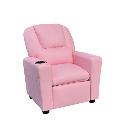 The Marisa - PU Leather Kids Recliner Chair features a cushioned back and seat, a footrest, and smooth pink upholstery. The recliner has a modern look with comfort and includes a cupholder on the right armrest.