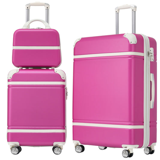 A set of three pink hardshell spinner suitcases, including 20" and 24" sizes plus a cosmetic case, all featuring white handles and wheels with TSA locks. The smallest is stacked on the medium one.