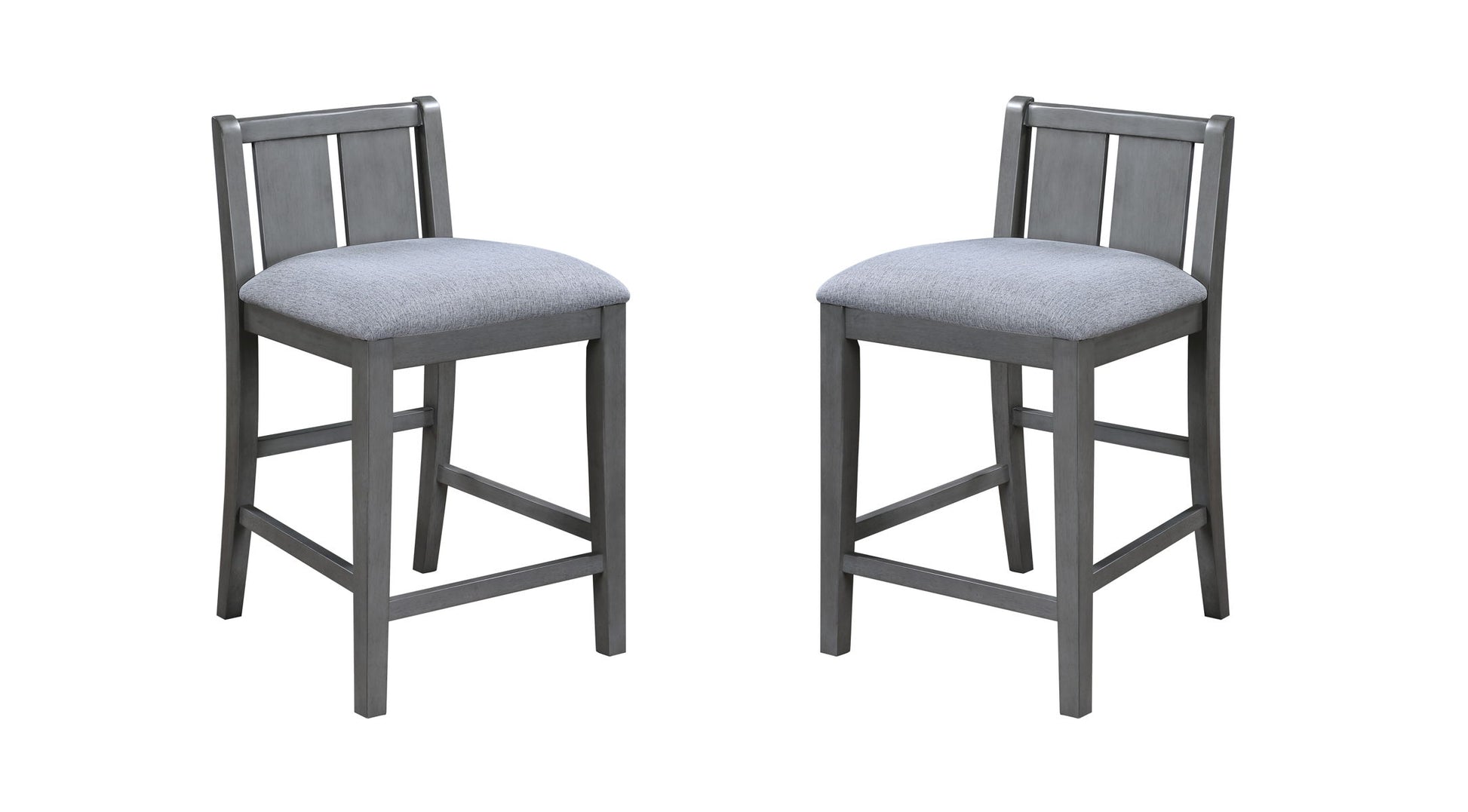 Two gray bar stools from the Graham set feature padded seats and slatted backrests, positioned against a white background.