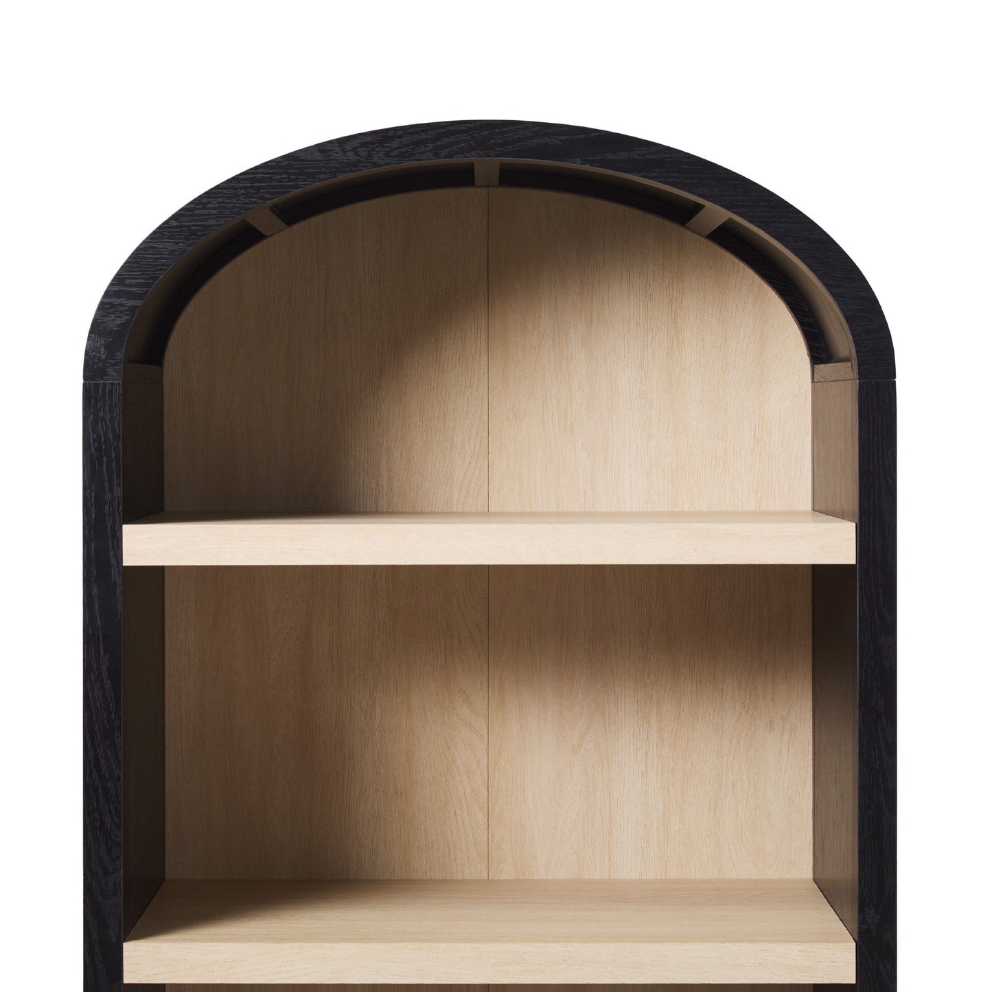 A minimalist Modern 5 Shelf Open Arched Bookshelf features a light wood finish, black arching frame, and two shelves.