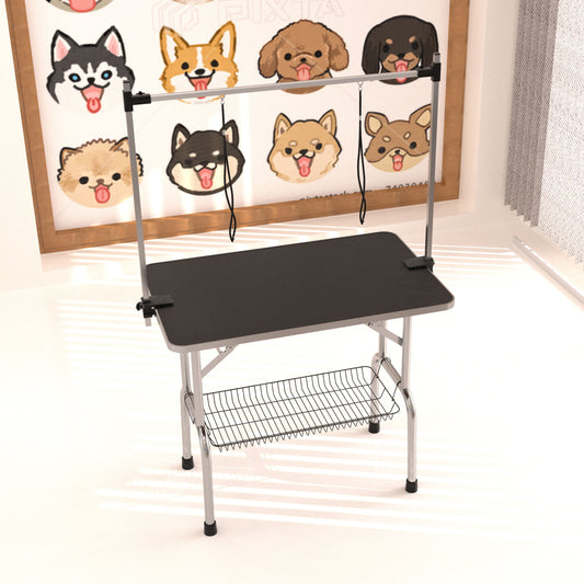 A Professional Dog Pet Grooming Table in black with a metal frame, arm, noose, and mesh tray stands before a poster of six cartoon dog faces. Sunlight streams through a window on the right.