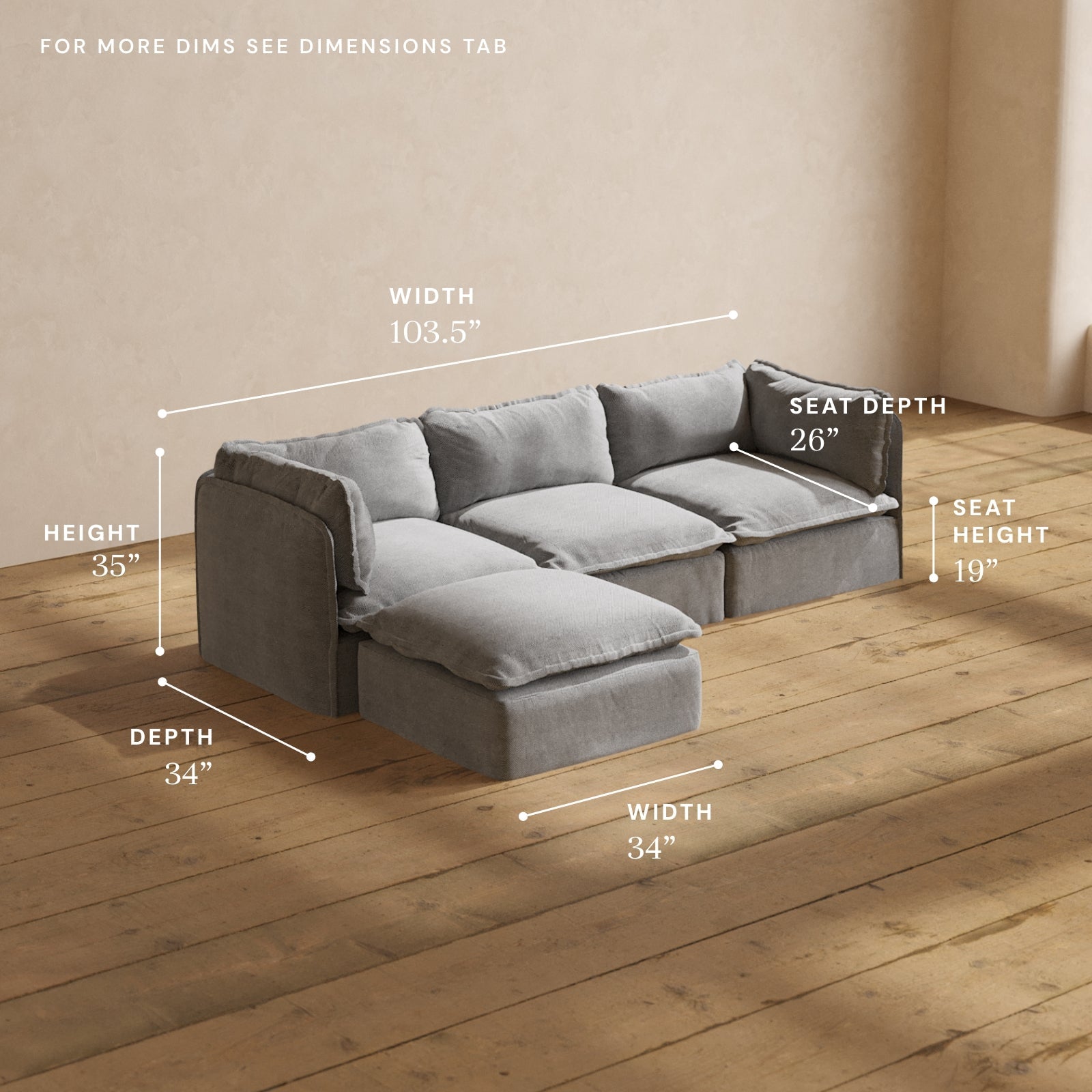 A Modular Performance 3-Seater Sectional in gray, featuring dimensions of width 103.5", depth 34", height 35", seat depth 26", and seat height 19". It’s situated on a wooden floor in a well-lit room.