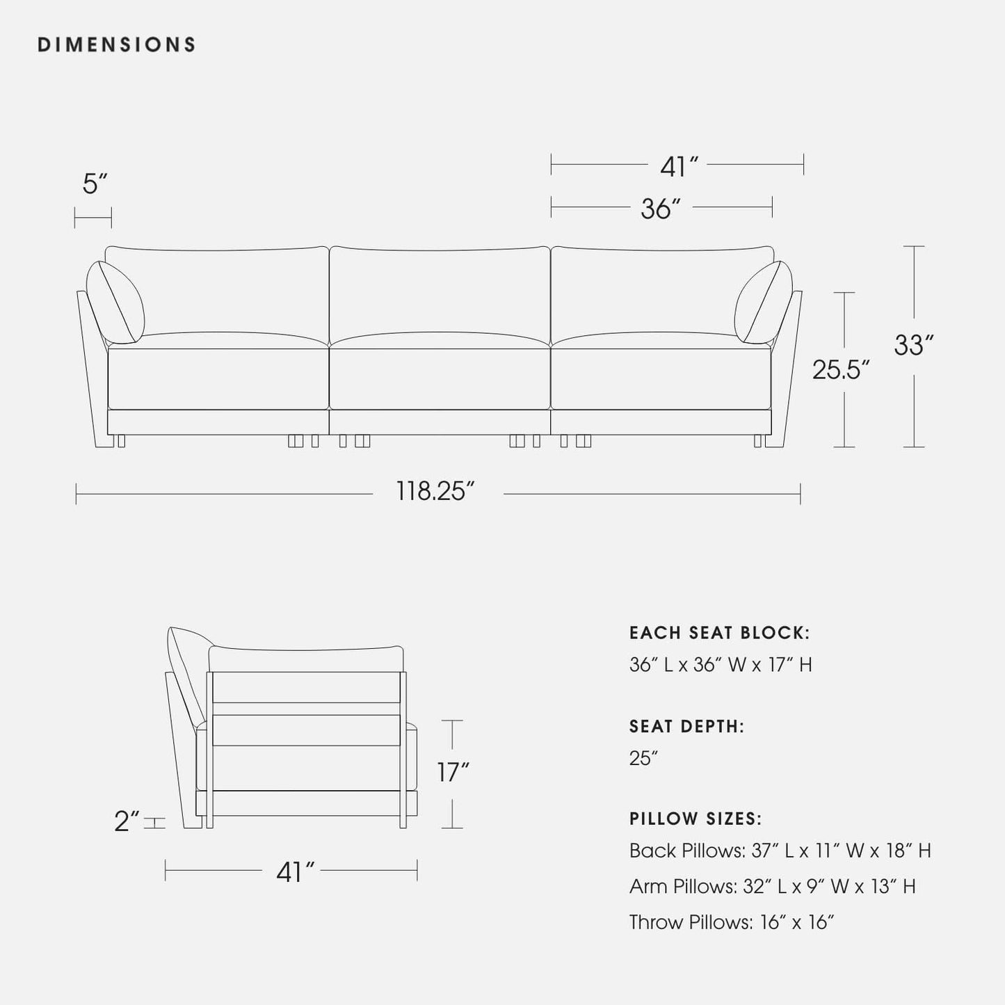 The Modular Bondi Latte 3 Seater Sofa has overall dimensions of 118.25" W x 33.5" H x 41" D. Each seat measures 36" L x 36" W x 17" H, with a seat depth of 25.5". The sofa includes back pillows sized at 37" L x 11" W x 18" H and arm pillows measuring at sizes of ​​32” L x ​​9” W ​​x ​​13”​ H​.