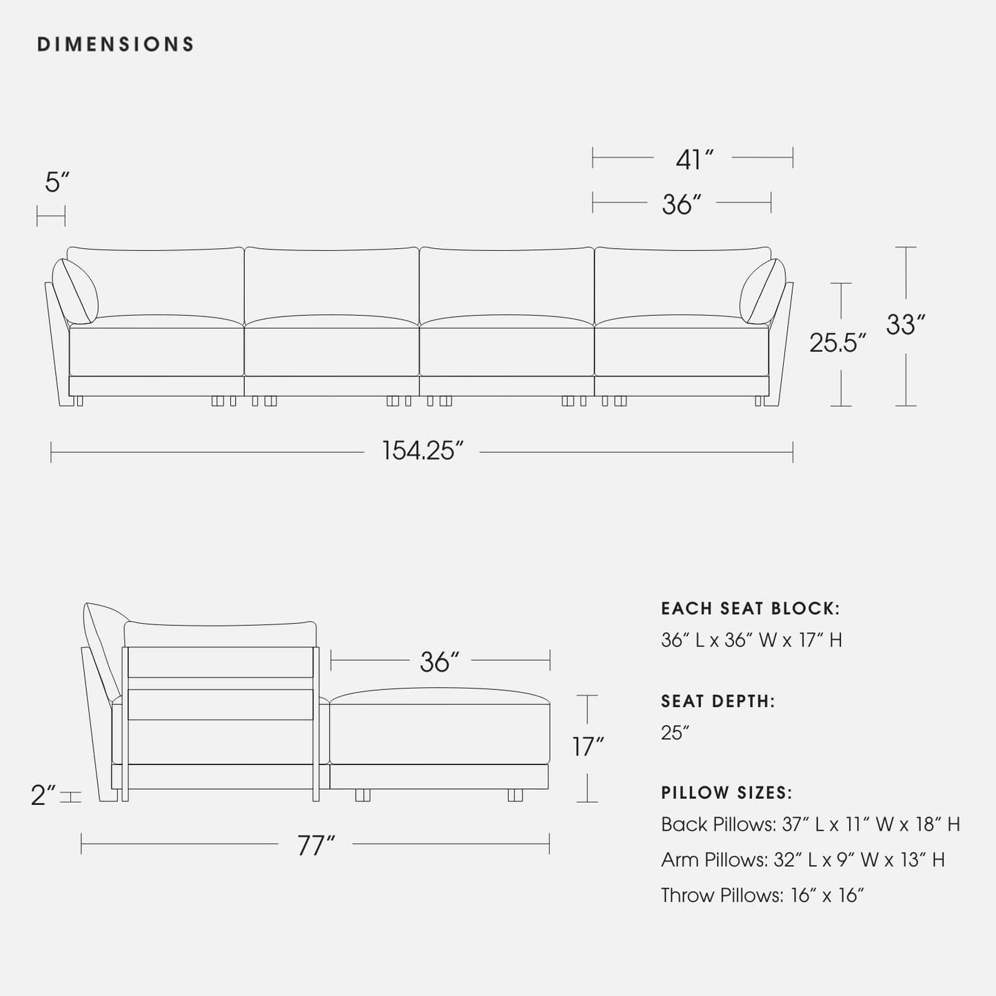 The blueprint for the Modular Bondi Latte 4 Seater Sectional includes dimensions and measurements: it is 154.25 inches long and 33 inches high, featuring 5-inch legs, a seat height of 25.5 inches, and a seat depth of 25 inches. Each seating block measures 36 x 36 x 17 inches, with various pillow sizes detailed.