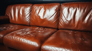 A worn-out brown leather couch with visible cracks and faded spots on the seat cushions, indicating signs of aging and wear. The background is dark, highlighting the condition of the couch.
