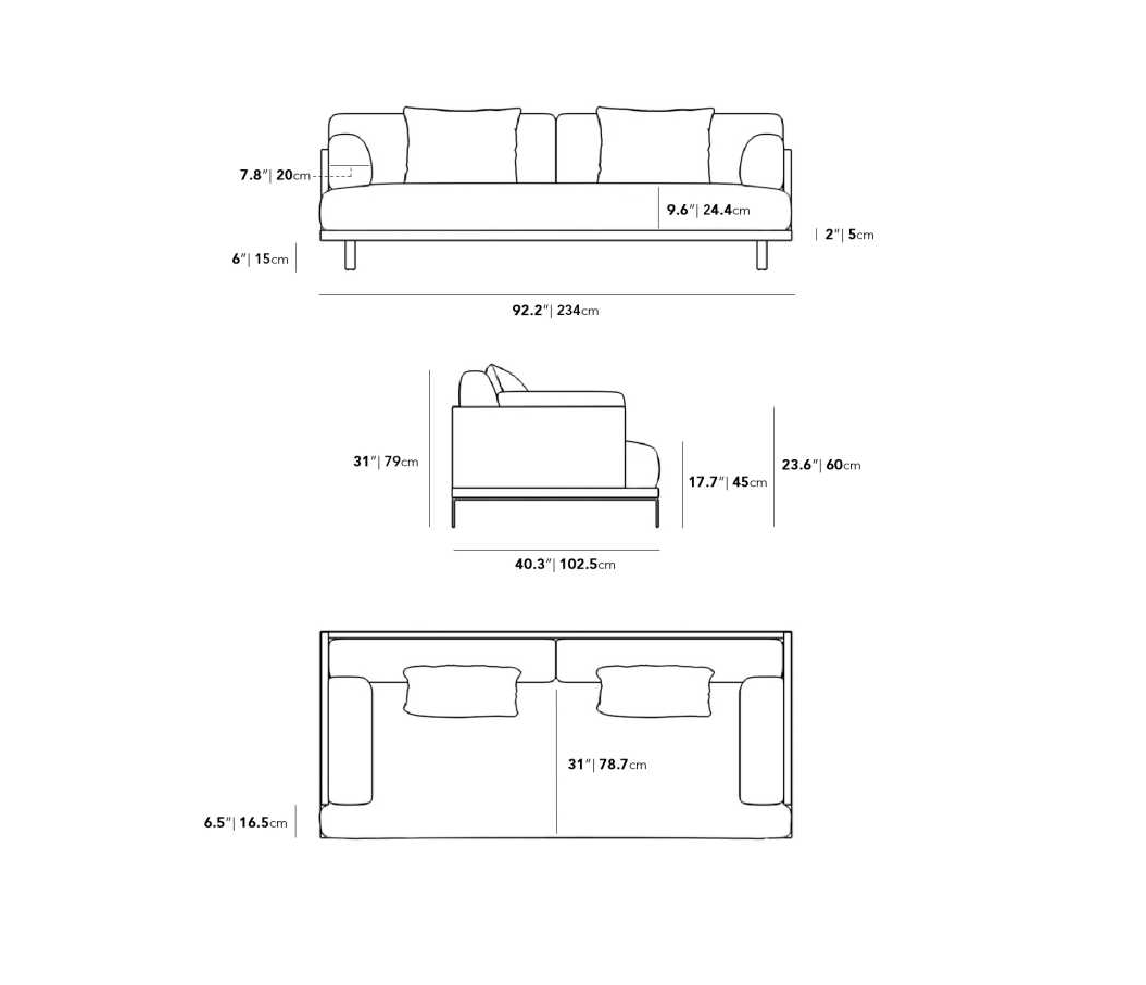 Line drawing of the Maria Sofa with dimensions. Front view: width 92.2" (234 cm), height 31.1" (79 cm). Side view: depth 40.3" (102.5 cm), seat height 17.7" (45 cm). Top view: length between arms 78.7" (200 cm). Additional measurements are provided in both inches and centimeters.