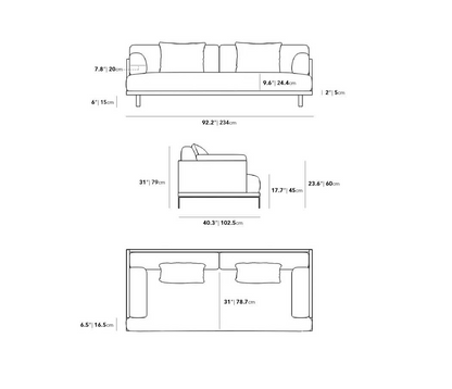 Line drawing of the Maria Sofa with dimensions. Front view: width 92.2" (234 cm), height 31.1" (79 cm). Side view: depth 40.3" (102.5 cm), seat height 17.7" (45 cm). Top view: length between arms 78.7" (200 cm). Additional measurements are provided in both inches and centimeters.