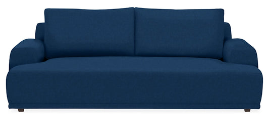 Introducing the Fia 90" Sofa - a spacious, contemporary navy blue sofa characterized by its wide armrests and minimalist design. It includes two back cushions and a smooth, solid base, making it ideal for both seating and lounging, all set against a plain white background.