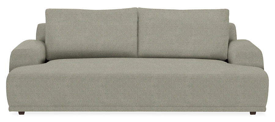 Introducing the Fia 90" Sofa: a sleek, minimalist piece in gray with thick armrests and a low backrest. Its soft, muted fabric texture is perfect for contemporary living room settings.