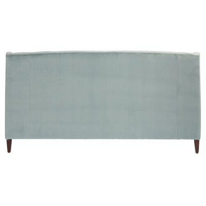 A Sage Velvet upholstered Dawes Sofa with wooden legs, featuring a rectangular shape and a smooth surface, seen from the back view.