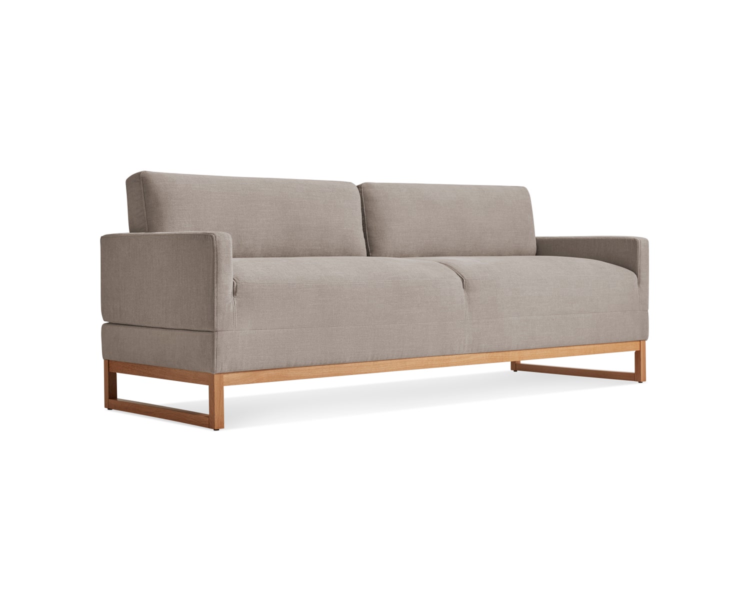 A modern gray sofa with a minimalist design is shown. It has two cushioned backrests and wooden legs, featuring a sleek and contemporary style. The sofa is positioned against a plain white background.