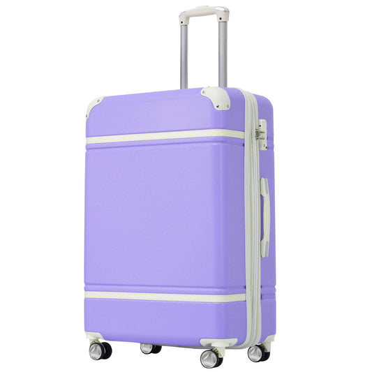 The 24" expandable lightweight hardshell luggage with TSA lock, finished in purple and white, features spinner wheels and a retractable handle, highlighting its sleek design and durable construction.