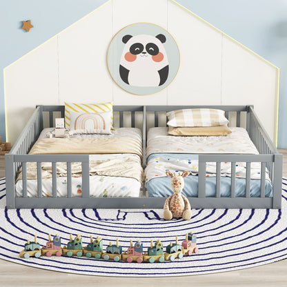 A cozy children's room features a gray double floor bed with a fence and guardrails, placed against a wall adorned with a large circular panda picture. The neatly made bed has colorful bedding, while a toy train and giraffe sit on a striped circular rug below star wall decor.