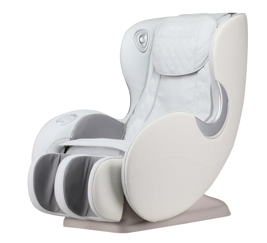 A modern, beige Shiatsu massage chair with a quilted backrest and armrest controls features leg and foot compartments for comfort. Named "Massage Chairs Sl Track Full Body And Recliner", it includes Bluetooth speakers for relaxation.