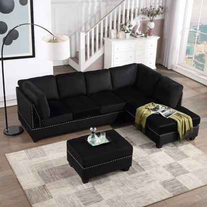 The modern living room features a Reversible Sectional Sofa with rivet ornaments, a storage ottoman, a cream and gray checkered rug, a floor lamp, decorative trays, and a white dresser with vases under the staircase.