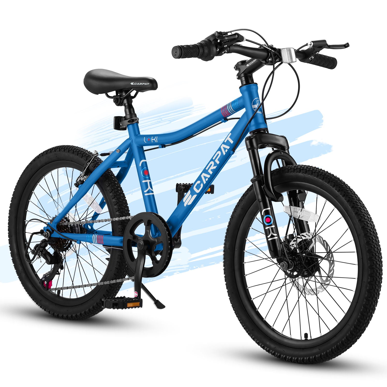 A blue high steel 20" kids' mountain bike with "CARPAT," featuring a front suspension fork, knobby tires, 7-speed gear, and a mixed brake system against abstract blue brush strokes. Ideal for ages 8-12.