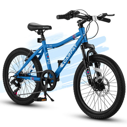 A blue high steel 20" kids' mountain bike with "CARPAT," featuring a front suspension fork, knobby tires, 7-speed gear, and a mixed brake system against abstract blue brush strokes. Ideal for ages 8-12.