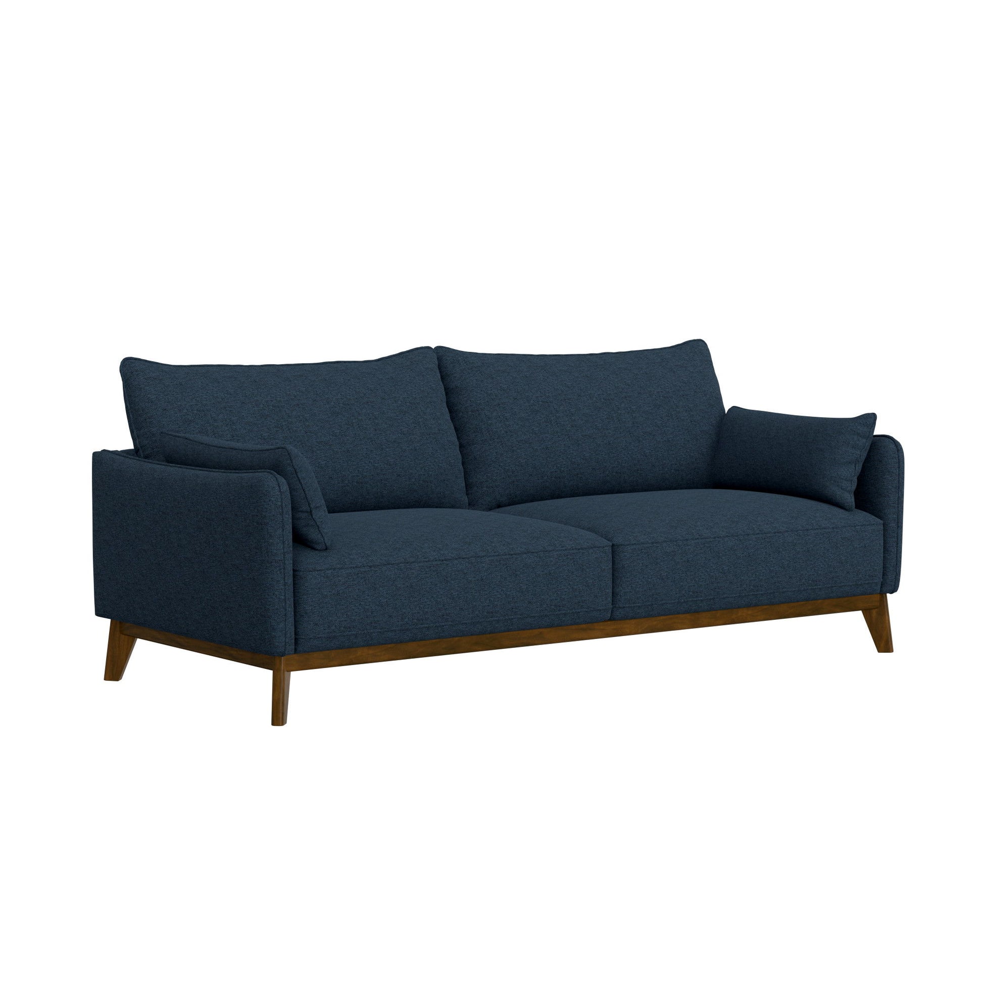 The "Varia - Sofa - Blue" is a modern dark blue sofa with plush cushions and a wooden base, set against a white backdrop. It features two large back cushions and armrests, offering sleek yet cozy seating.