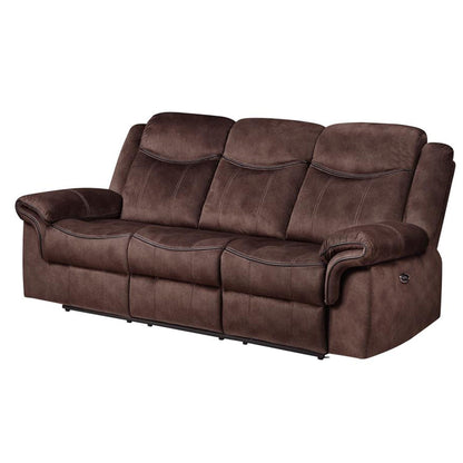 The Jimny - Domino Power Reclining Sofa features brown leather upholstery, three cushioned seats, plush armrests, visible stitching, and a comfortable design perfect for any living room.