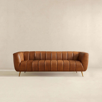 Ava - Genuine Italian Leather Channel Tufted Sofa - Gold / Tan