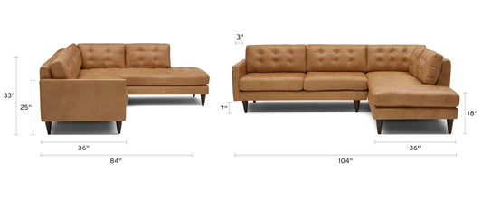 Explore two images of the Eliot Leather Sectional with Bumper, featuring a brown L-shaped design. The sofa boasts tufted cushions and short legs and comes with marked dimensions: an overall length of 84" by 104", a depth of 36", a height of 33", and a seat height of 18".