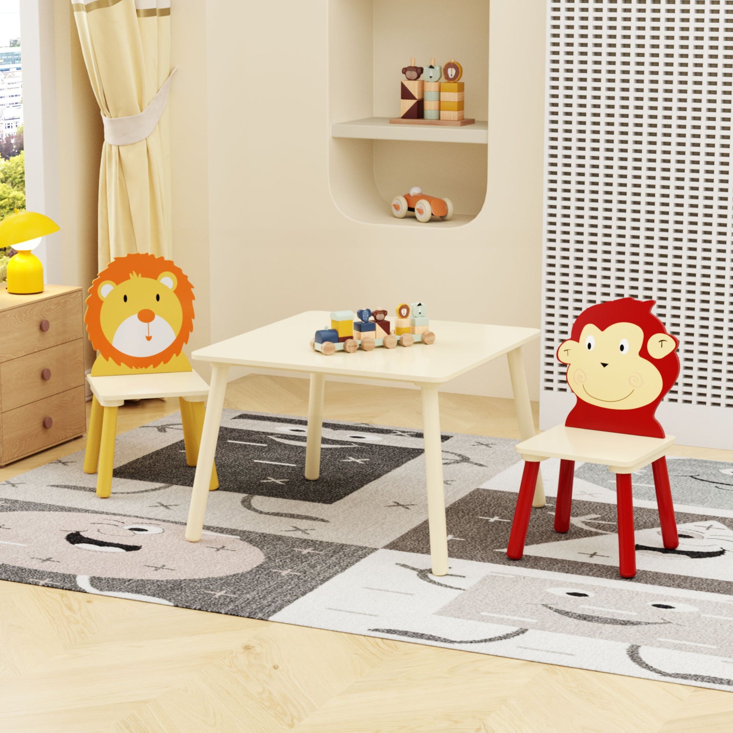 A children's playroom featuring the Kids Table and 2 Chairs Set: a wooden activity table with a lion-themed chair and a monkey-themed chair. The room also includes toys, patterned carpet, yellow curtains, and toy-filled shelves, creating a bright and cheerful atmosphere.