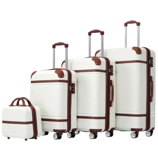 The Hardshell Luggage Set, consisting of four pieces in sizes 20", 24", and 28" with a cosmetic case, features white suitcases with brown trim, wheels, and retractable handles, aligned from smallest to largest.