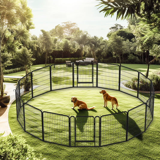 Two dogs are inside the 108.27" 16 Panels Heavy Duty Metal Playpen with Door on a green lawn, surrounded by trees and plants. Outdoor furniture is visible in the background under a partly cloudy sky.