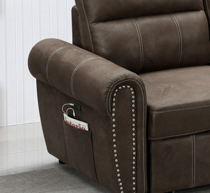 A close-up of the Hugo brown leather reversible sleeper sectional sofa chaise with nailhead trim, featuring a side pocket holding a magazine and glasses. The background is a white wall and gray carpeted floor.