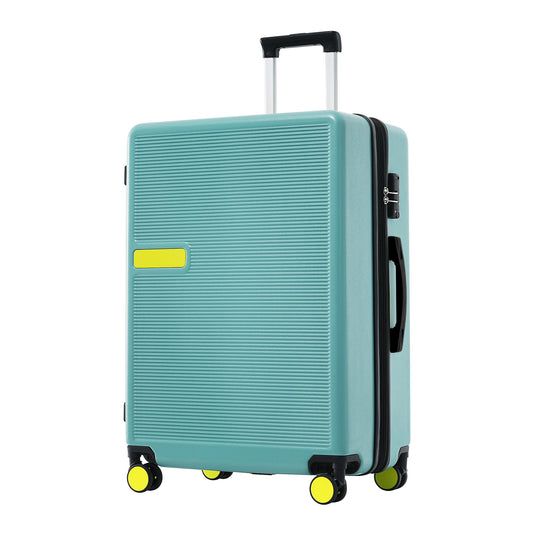 The teal Contrast Color Hardshell Luggage 24" Expandable Spinner Suitcase features a textured surface, black telescopic and side handles, four yellow wheels, and a small yellow front accent. It is shown upright on a white background.