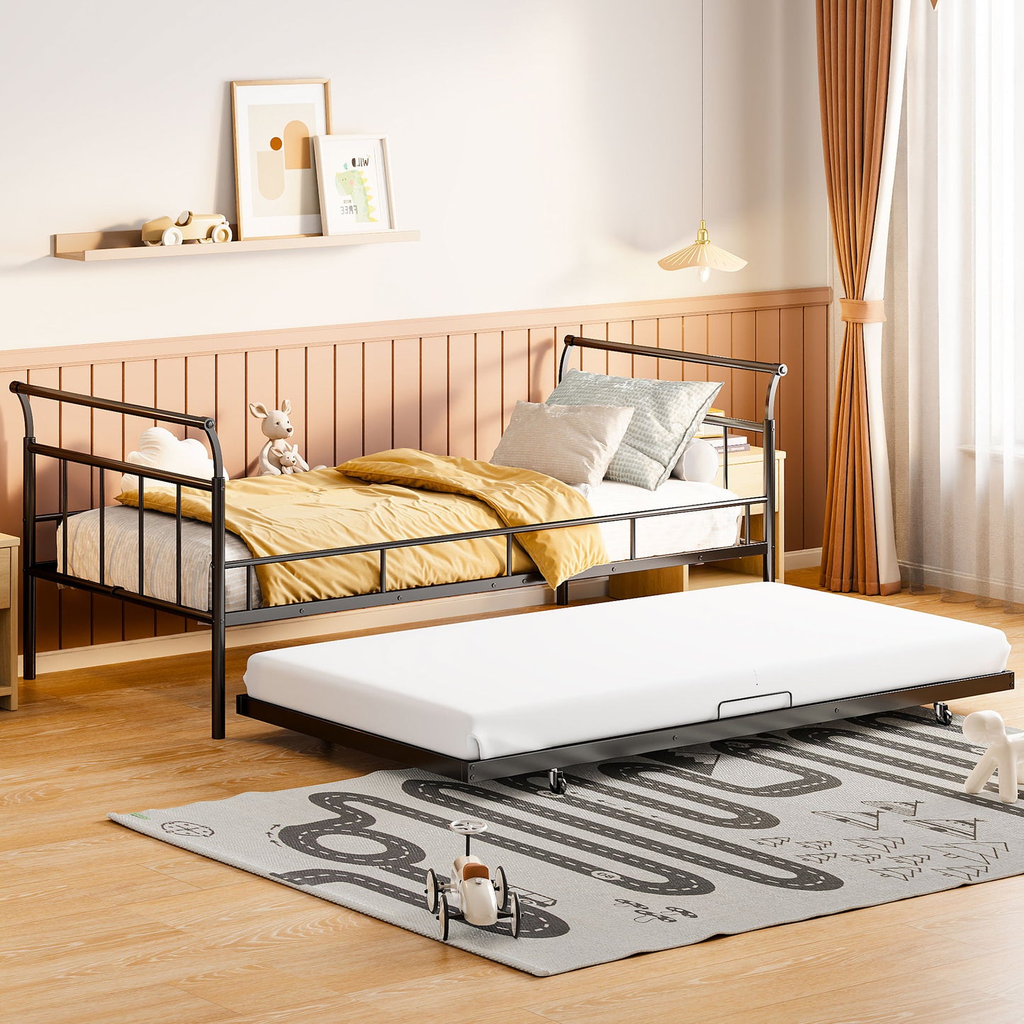 A modern bedroom features a black metal Daybed With Curved Handle Design and a pull-out trundle bed. The daybed is adorned with yellow bedding and decorative pillows. A gray patterned rug covers the wooden floor, while a pendant light hangs beside the window framed by brown curtains.