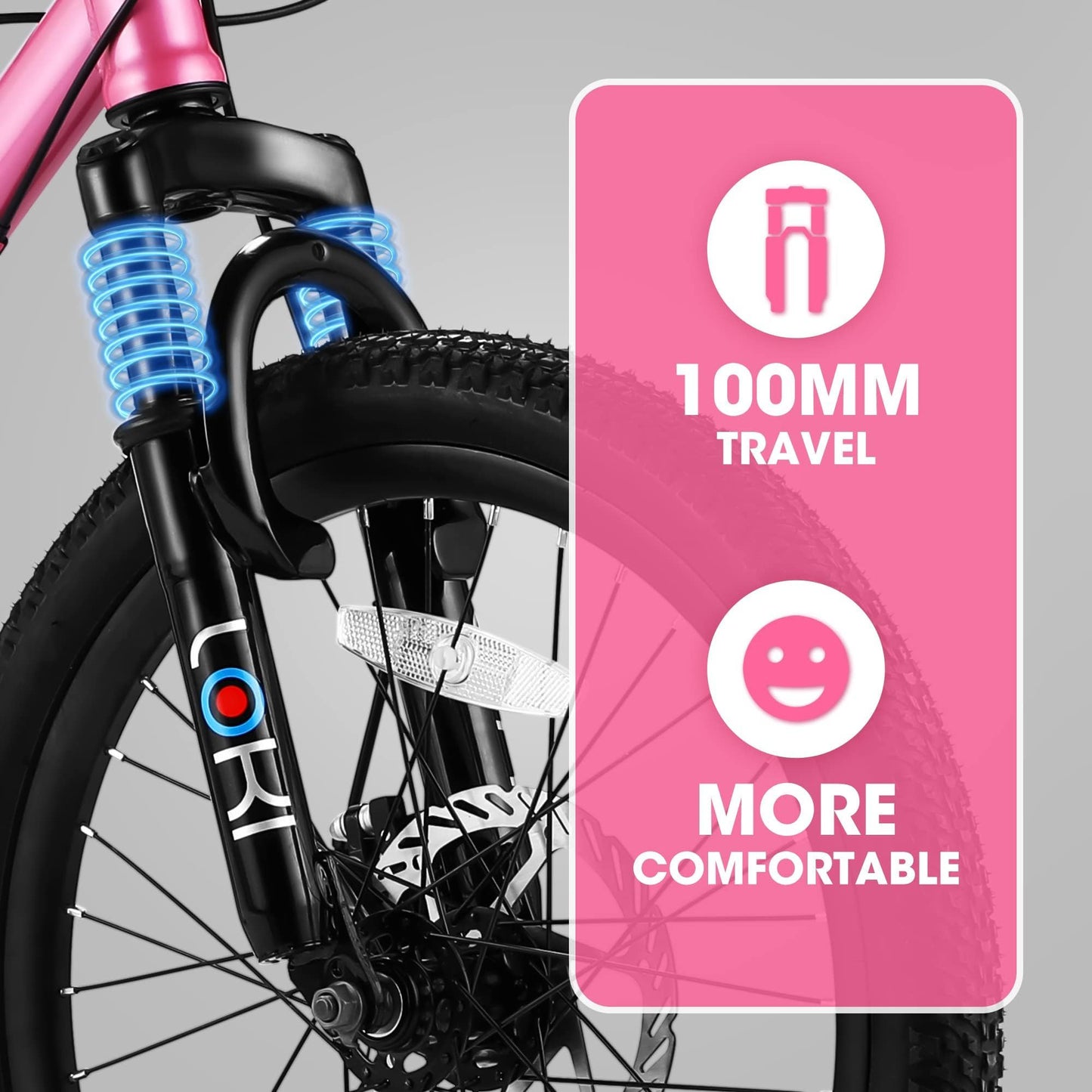 Close-up of the S20101 20" Kids' Bike's front suspension fork with blue springs labeled "Loki." A pink overlay reads: "100mm Travel" with a shock absorber icon and "More Comfortable" with a smiley face icon.