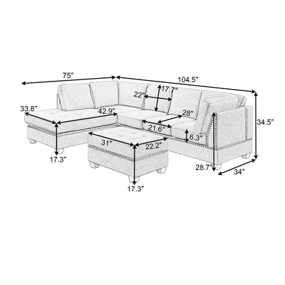 Illustration of the Reversible Sectional Sofa, L-Shape with a storage ottoman. Dimensions: left section 75"x33.8"x34.5", right section 104.5"x34"x34.5", ottoman 31"x17.3"x22.2". Arm height: 6.3". Ideal for small or large spaces like dorms or apartments, featuring rivet ornamentation.